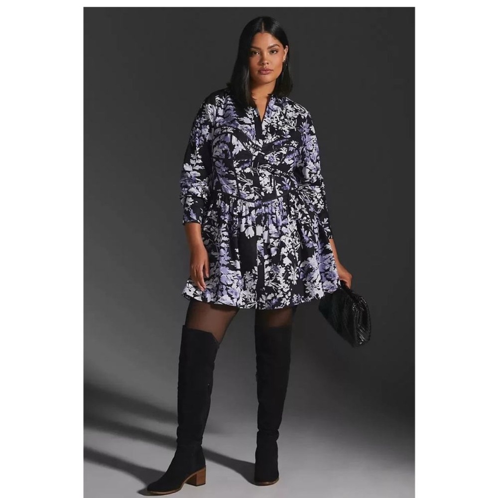 Anthropologie Corset Floral Shirt Dress Black Purple Size 24W